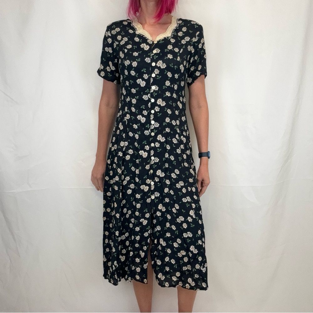 Vinita Vintage 90s Women's Floral Rayon Midi Dress Medium Navy Collared